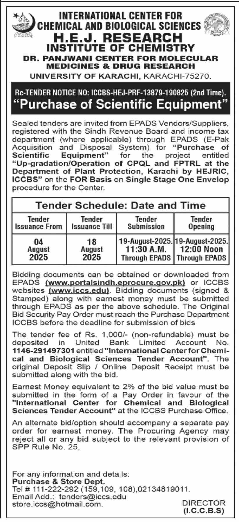 H.E.J Research Institute of Chemistry Lahore Tender Notice